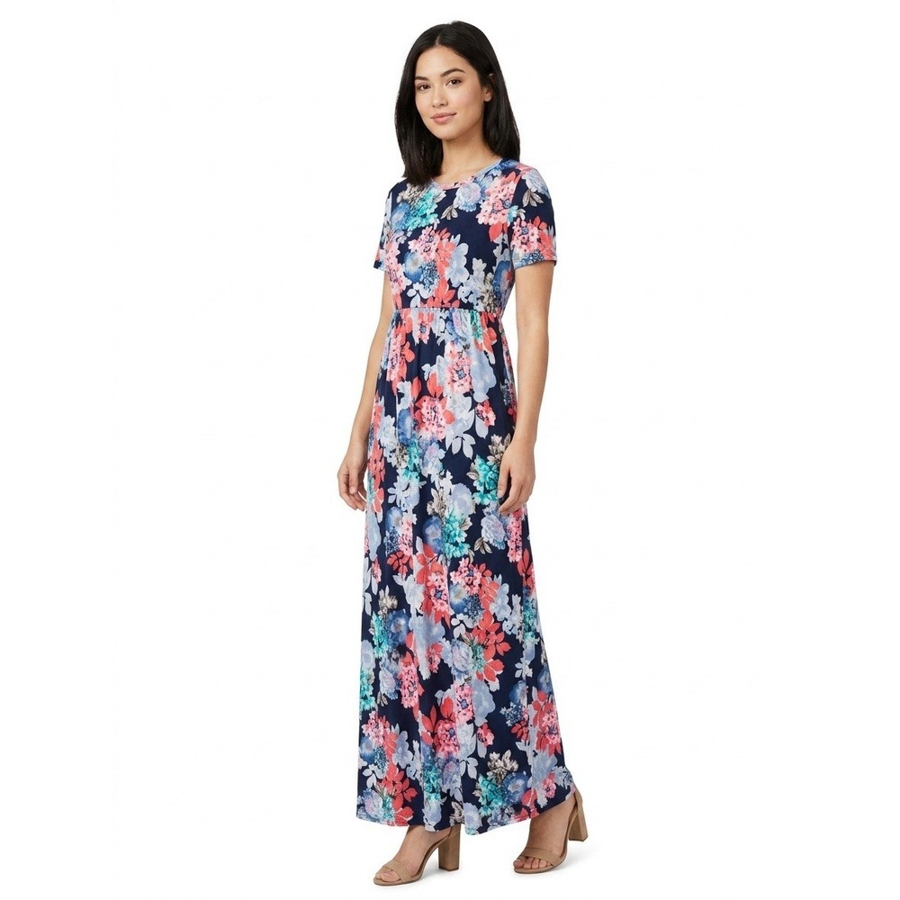 Bellamie Womens Floral Maxi Dress Short Sleeve Navy Multicolor Size M